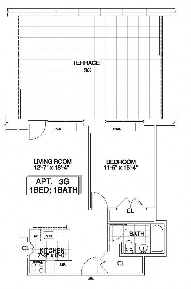 Floor plan for 1 bed, 1 bath, 725 sqft